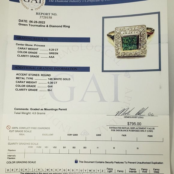 14 Karat White Gold Green Tourmaline and Diamond Ring Size 6.5 #12082 - Picture 9 of 9